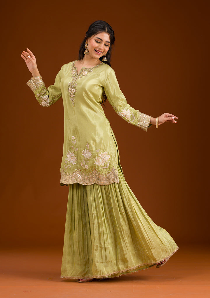 Pista Green Zariwork Tissue Readymade Salwar Suit