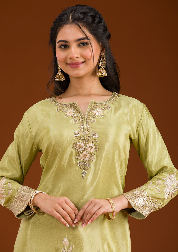 Pista Green Zariwork Tissue Readymade Salwar Suit