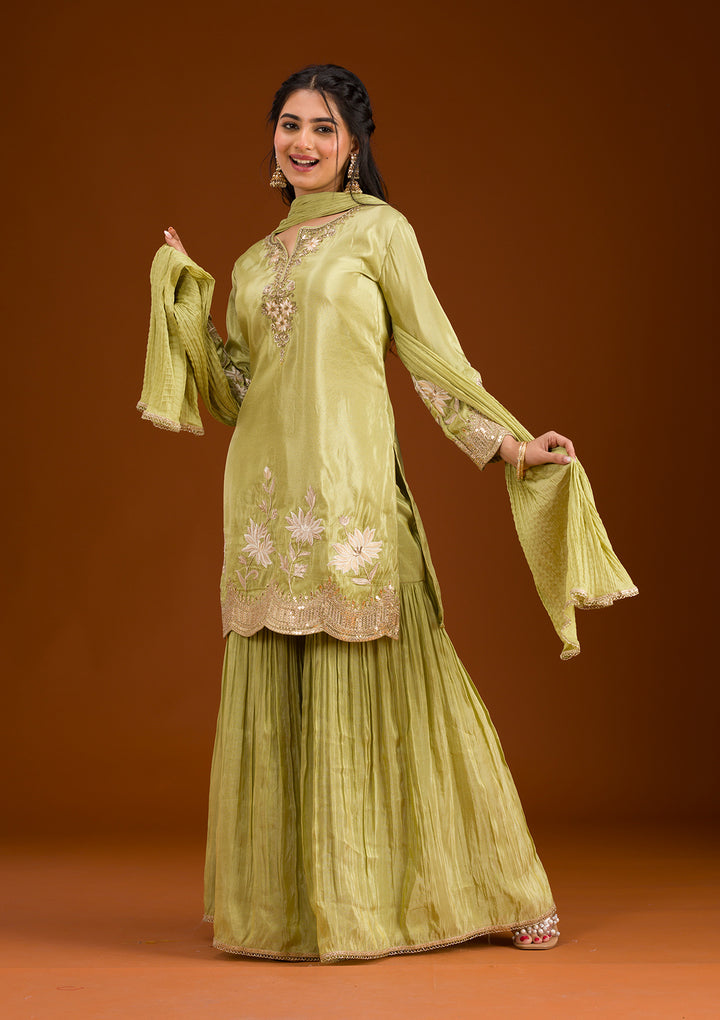 Pista Green Zariwork Tissue Readymade Salwar Suit