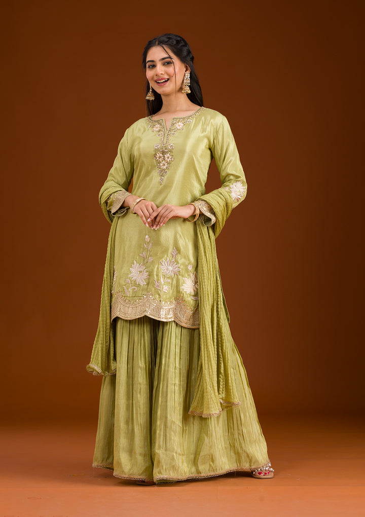 Pista Green Zariwork Tissue Readymade Salwar Suit