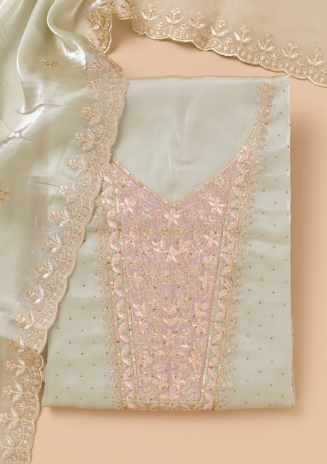 Pista Green Zariwork Tissue Unstitched Salwar Suit