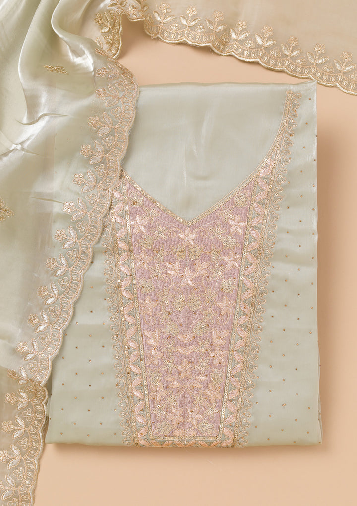 Pista Green Zariwork Tissue Unstitched Salwar Suit