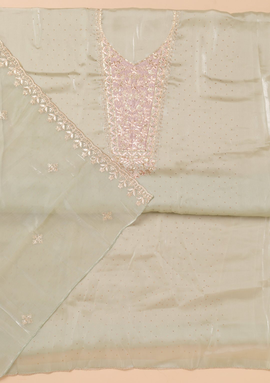 Pista Green Zariwork Tissue Unstitched Salwar Suit