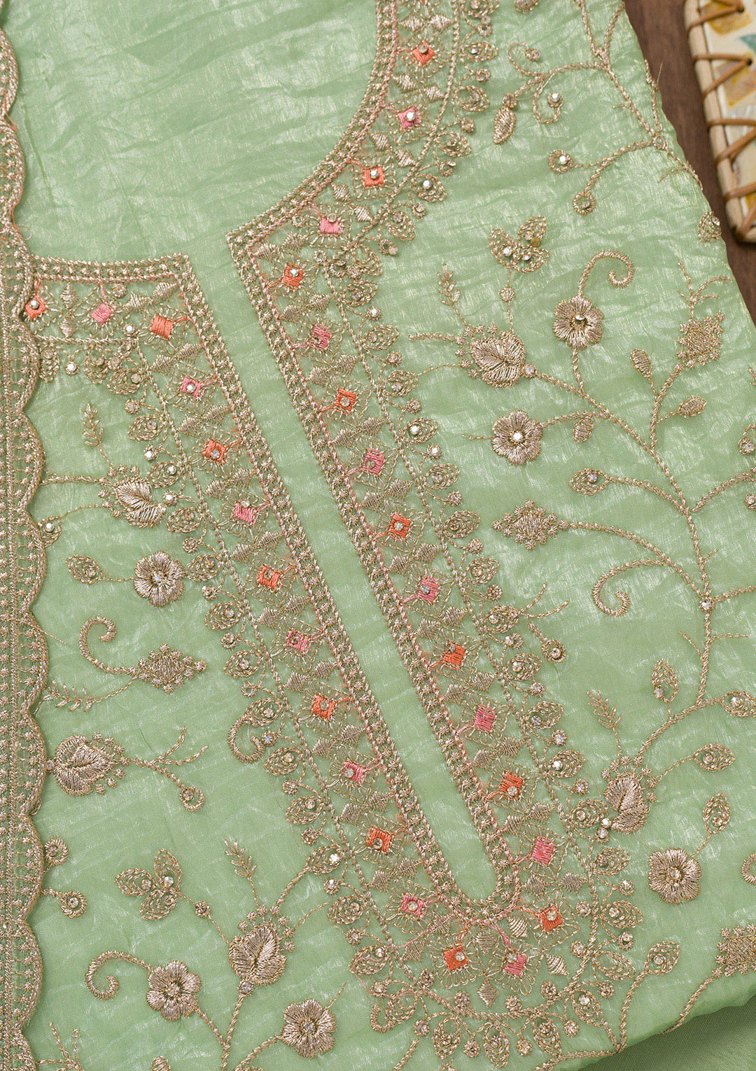 Pista Green Zariwork Tissue Unstitched Salwar Suit