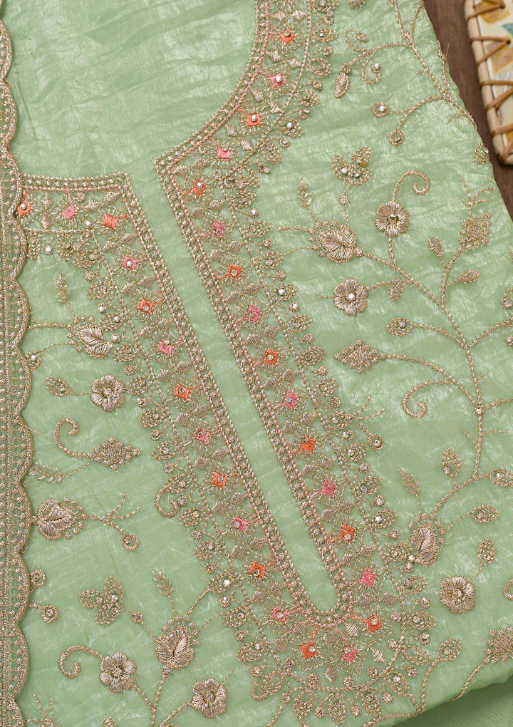 Pista Green Zariwork Tissue Unstitched Salwar Suit