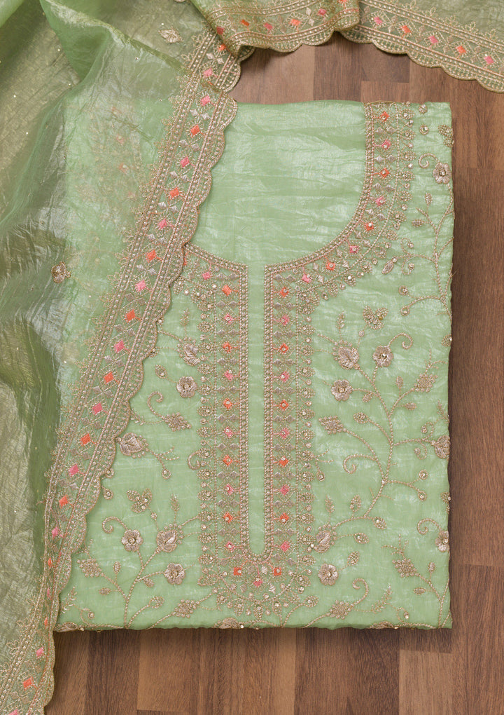 Pista Green Zariwork Tissue Unstitched Salwar Suit