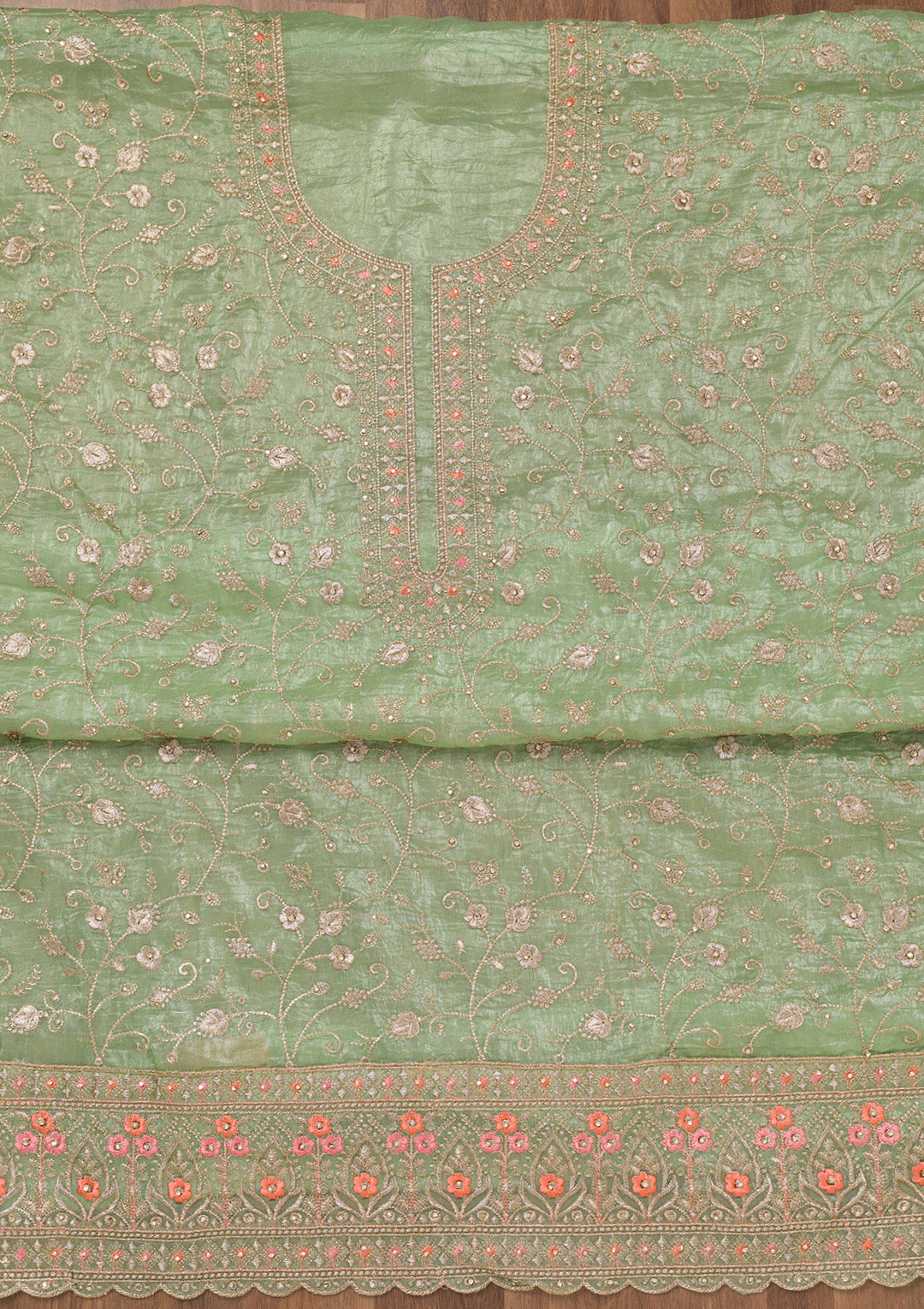 Pista Green Zariwork Tissue Unstitched Salwar Suit