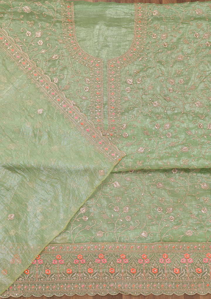 Pista Green Zariwork Tissue Unstitched Salwar Suit