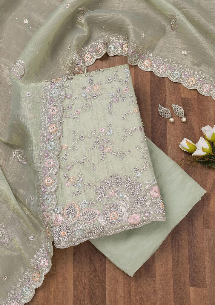 Pista Green Zariwork Tissue Unstitched Salwar Suit