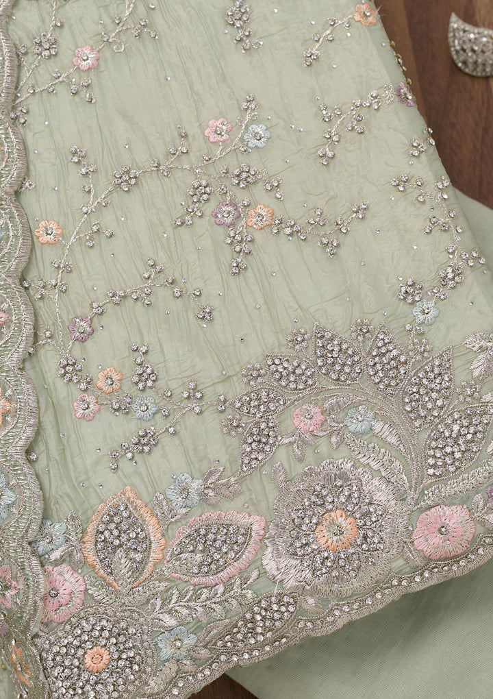 Pista Green Zariwork Tissue Unstitched Salwar Suit