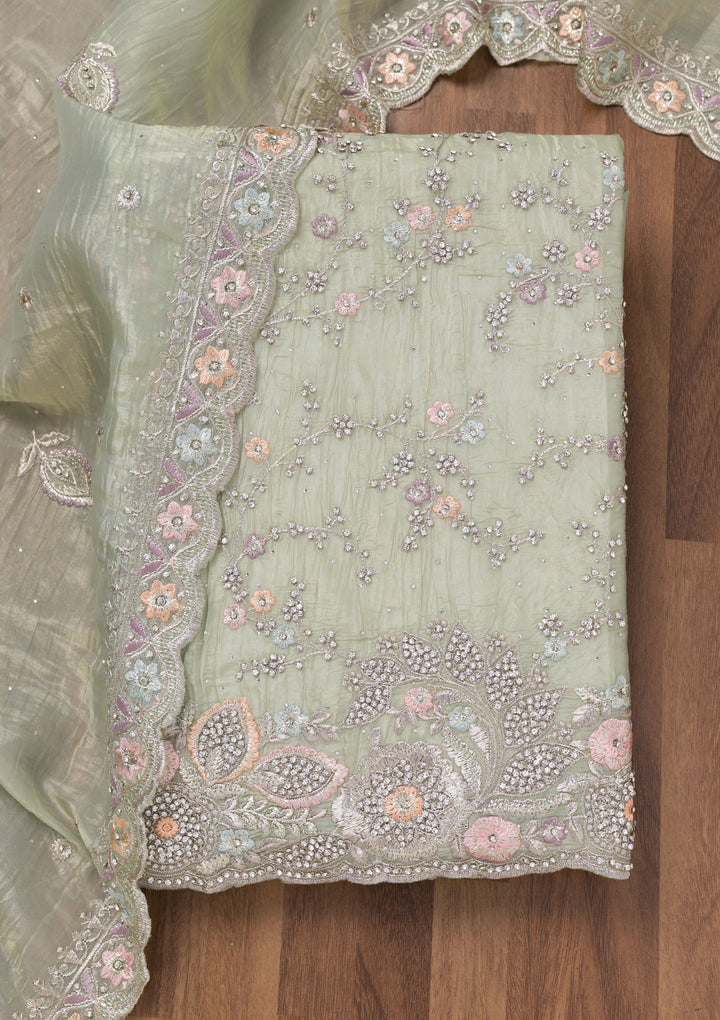 Pista Green Zariwork Tissue Unstitched Salwar Suit
