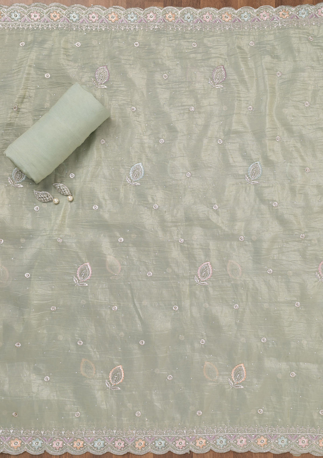 Pista Green Zariwork Tissue Unstitched Salwar Suit