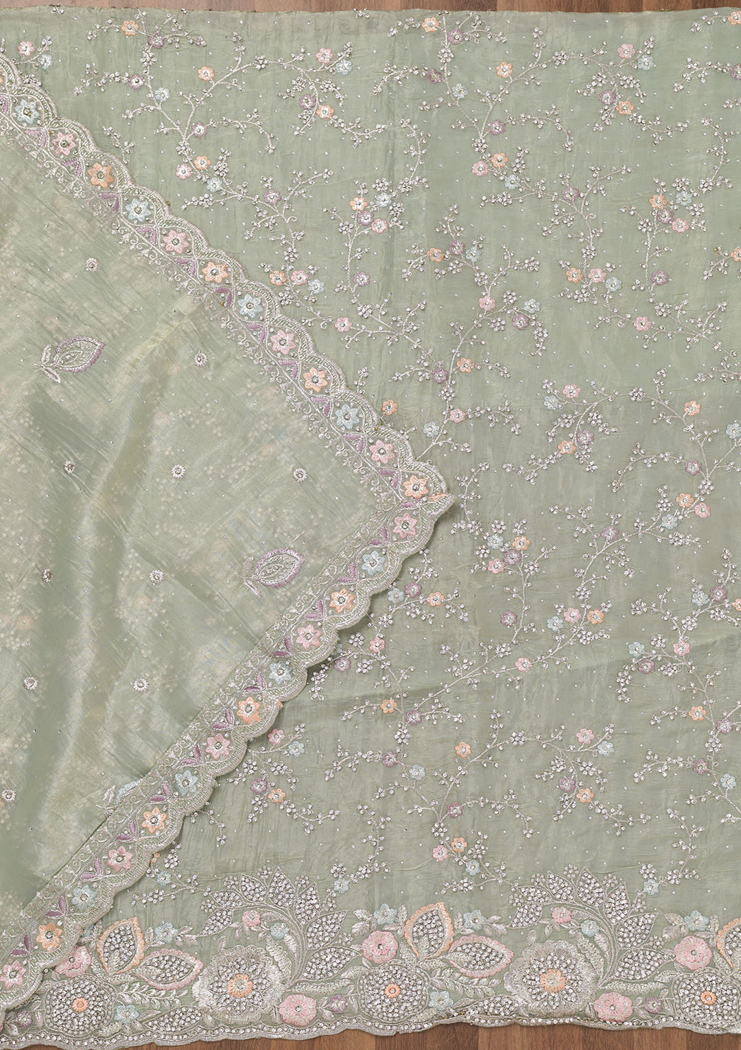 Pista Green Zariwork Tissue Unstitched Salwar Suit