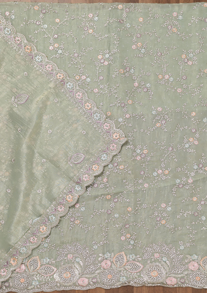 Pista Green Zariwork Tissue Unstitched Salwar Suit