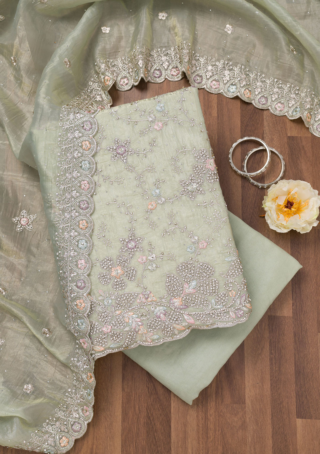 Pista Green Zariwork Tissue Unstitched Salwar Suit