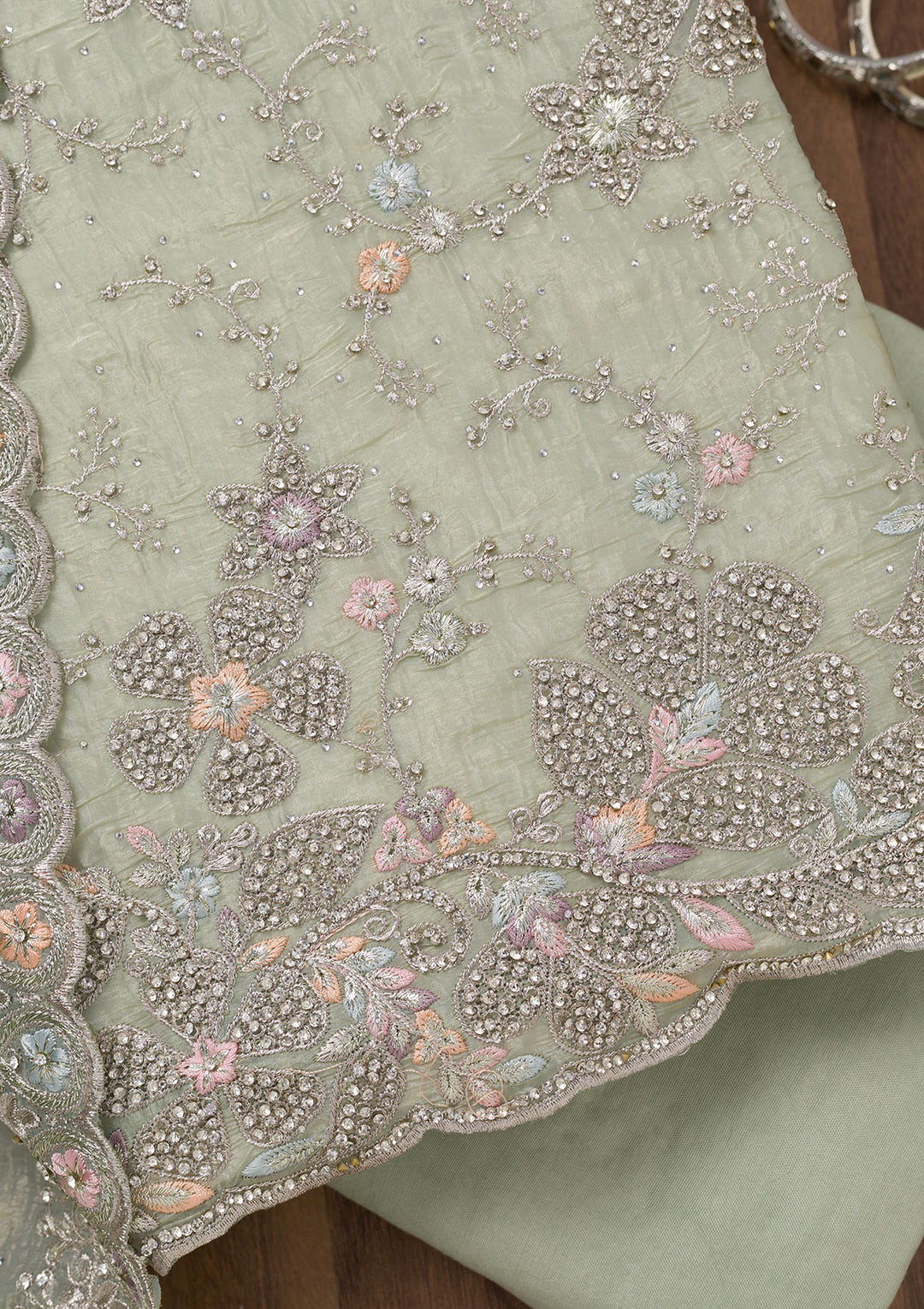 Pista Green Zariwork Tissue Unstitched Salwar Suit