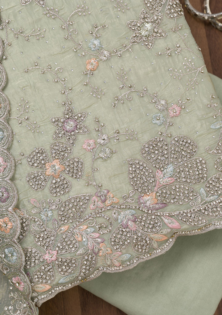 Pista Green Zariwork Tissue Unstitched Salwar Suit