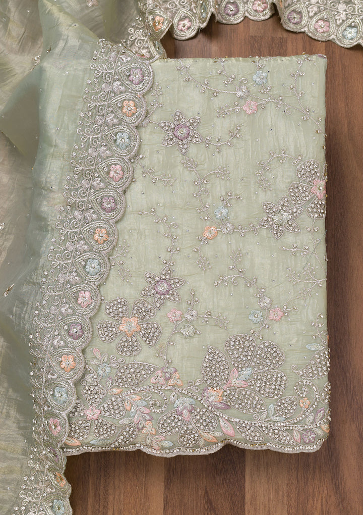 Pista Green Zariwork Tissue Unstitched Salwar Suit