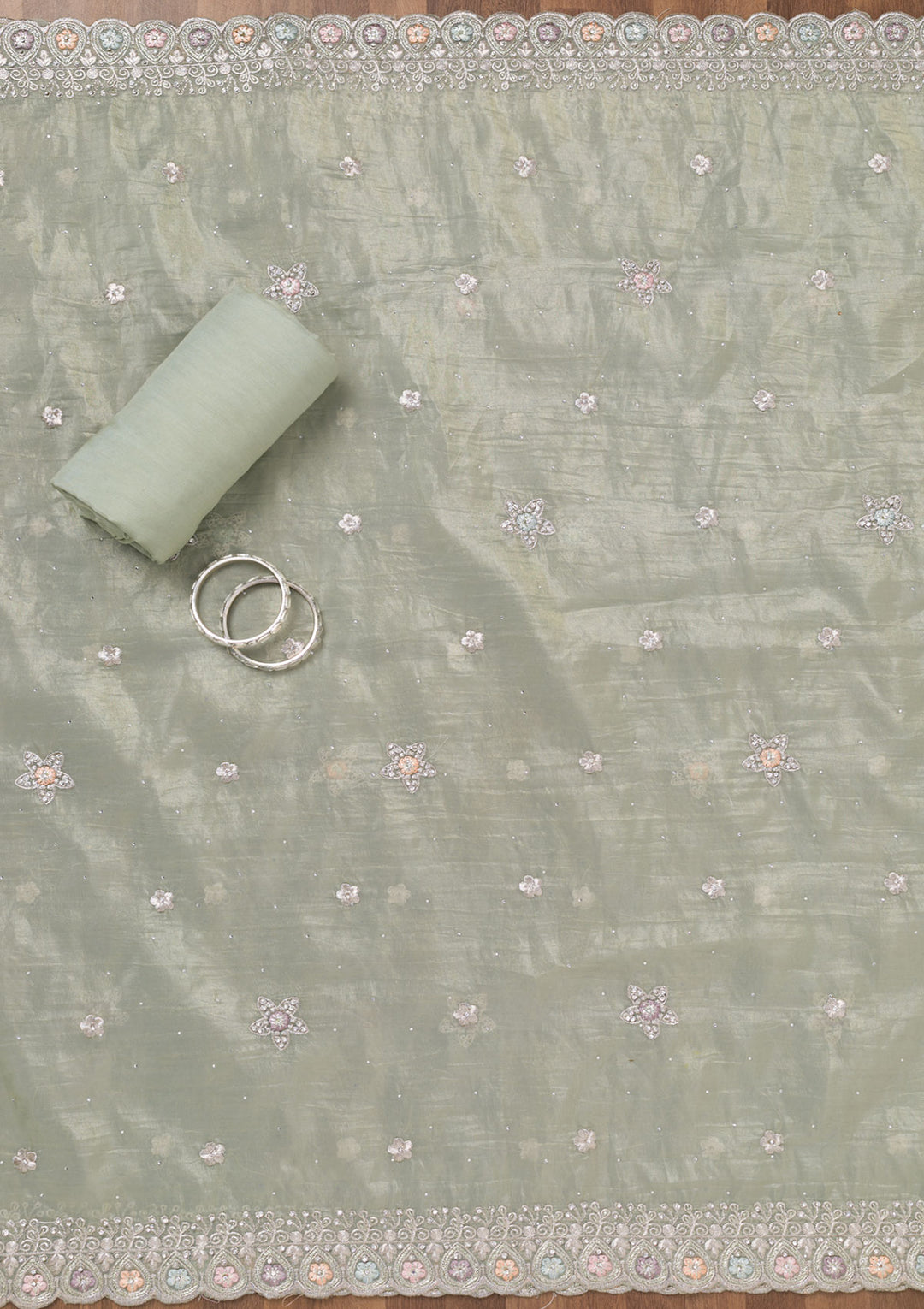Pista Green Zariwork Tissue Unstitched Salwar Suit