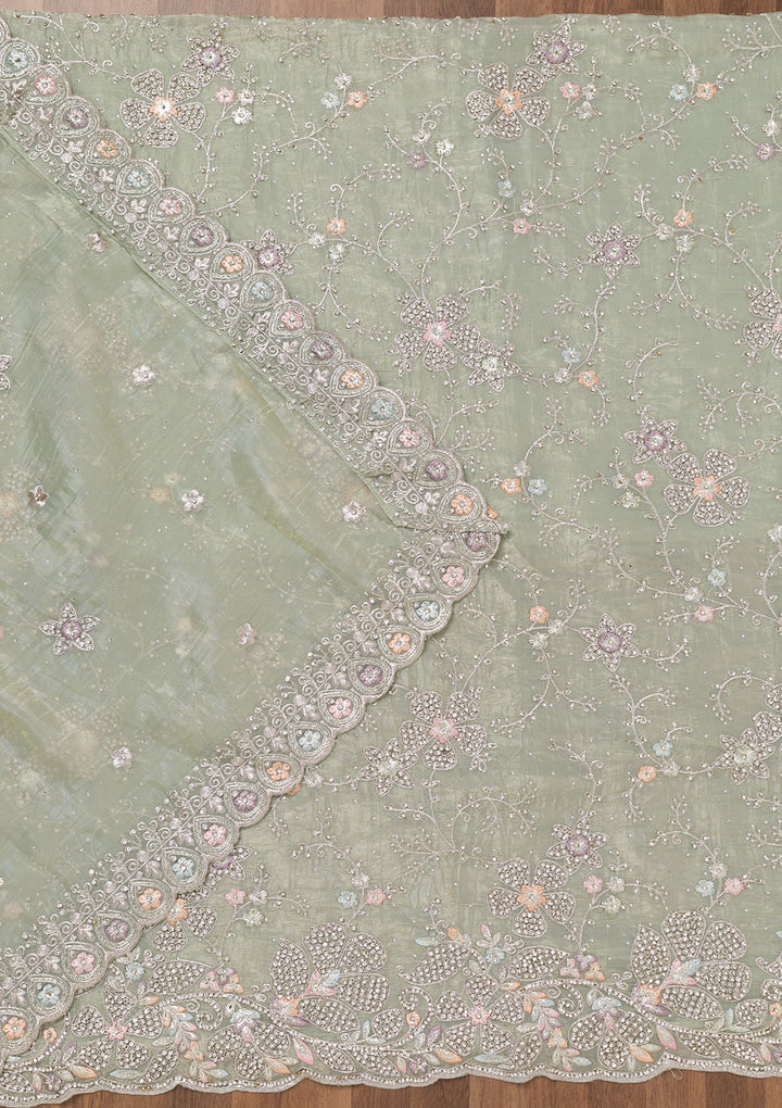 Pista Green Zariwork Tissue Unstitched Salwar Suit