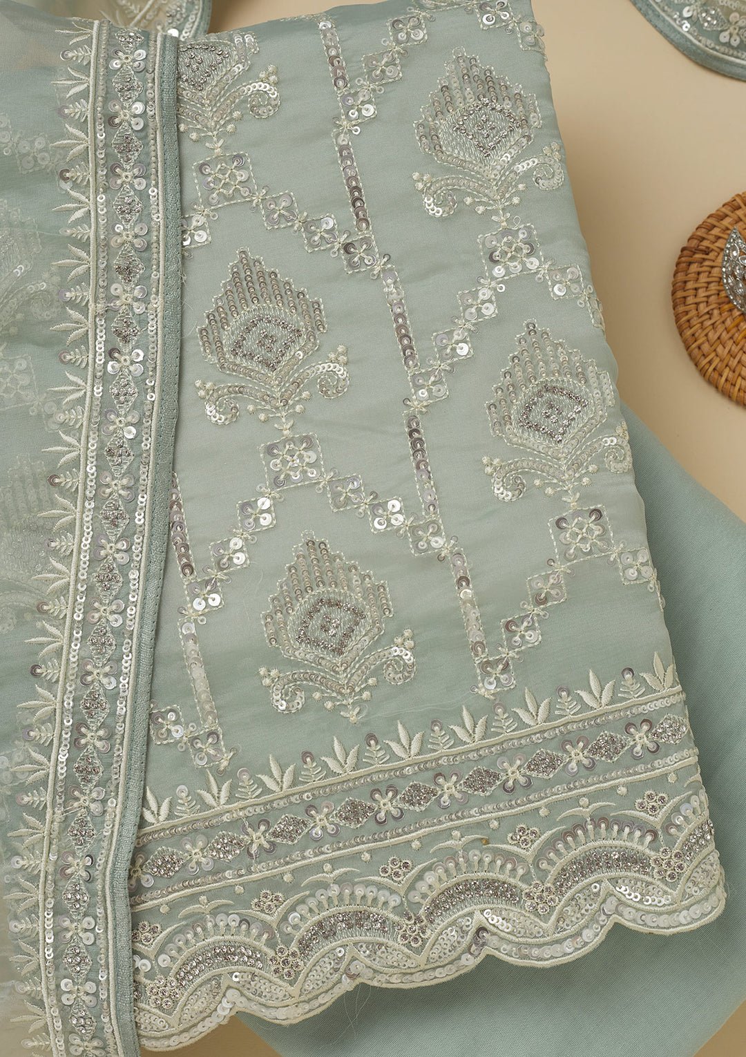 Pista Green Zariwork Tissue Unstitched Salwar Suit