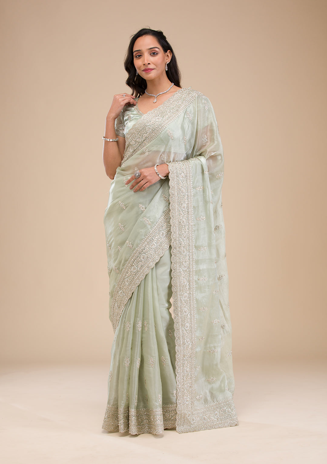 Pista Green Zariwork Tissue Saree