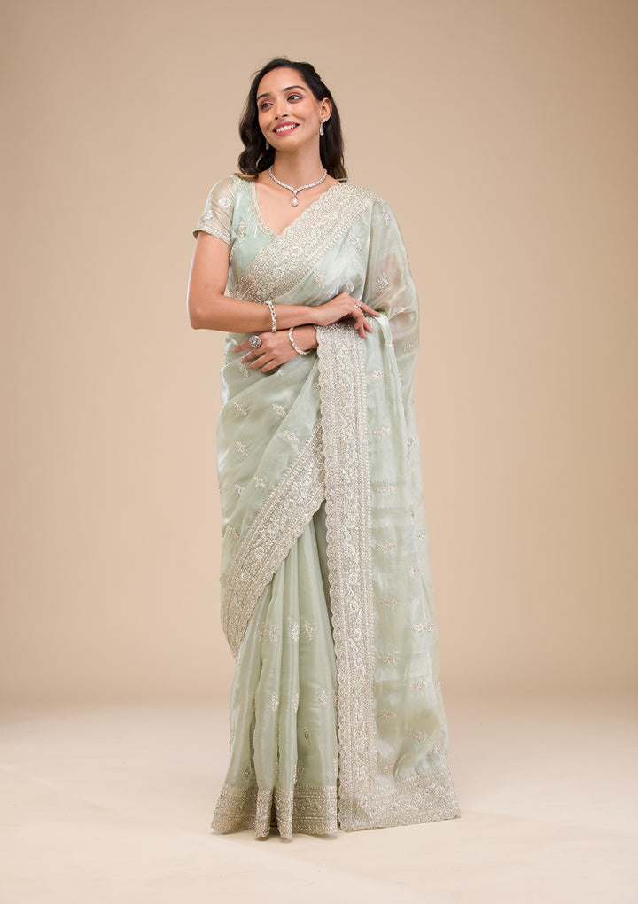 Pista Green Zariwork Tissue Saree
