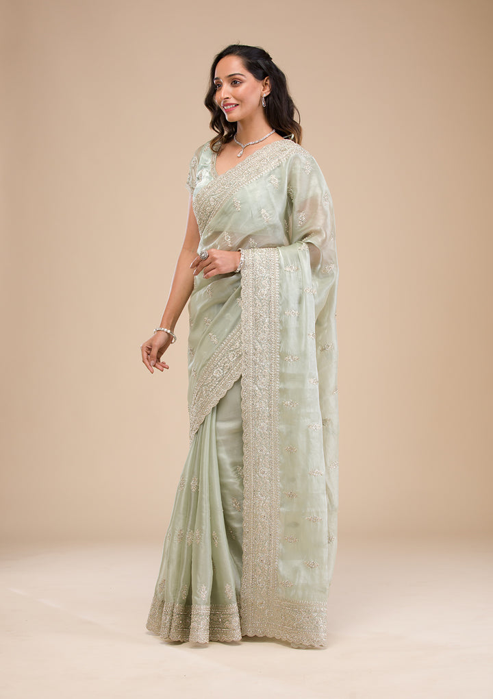 Pista Green Zariwork Tissue Saree
