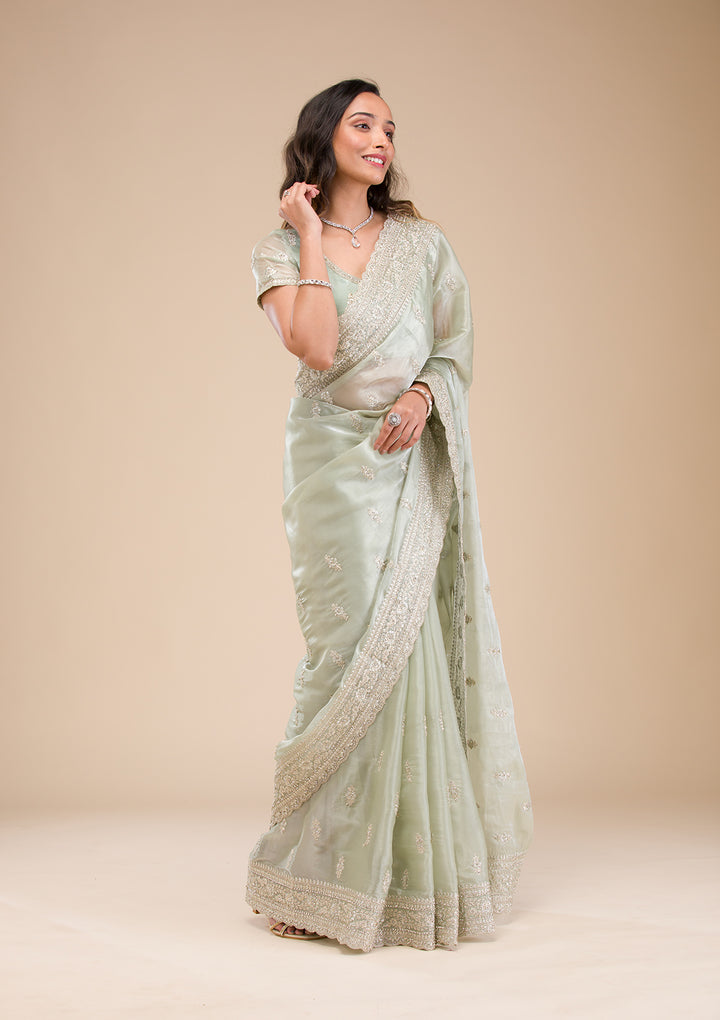 Pista Green Zariwork Tissue Saree