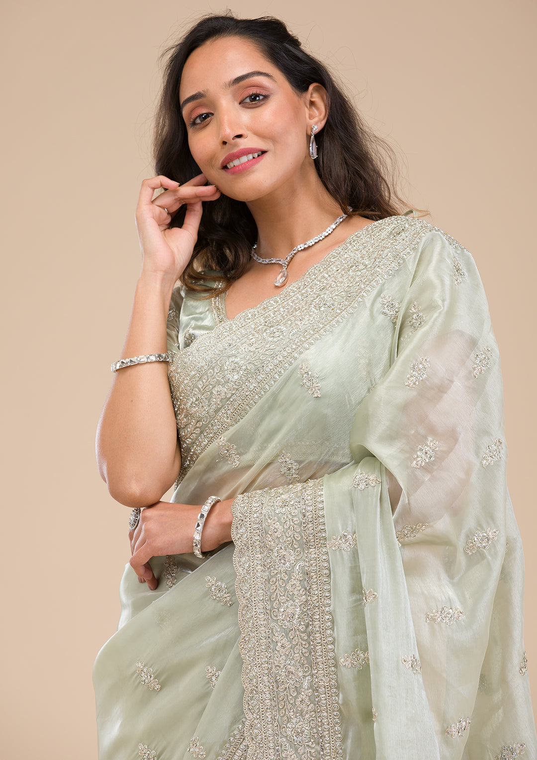 Pista Green Zariwork Tissue Saree