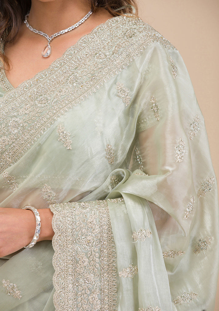 Pista Green Zariwork Tissue Saree