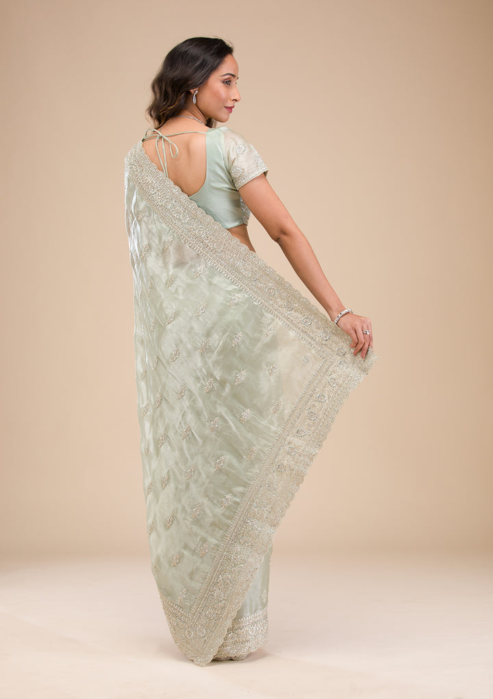 Pista Green Zariwork Tissue Saree