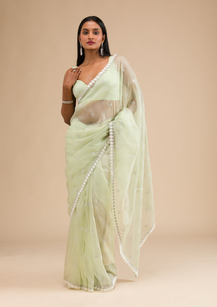 Pista Green Zariwork Tissue Saree