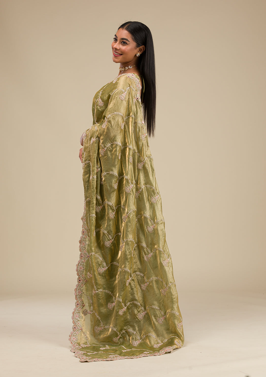 Pista Green Zariwork Tissue Saree