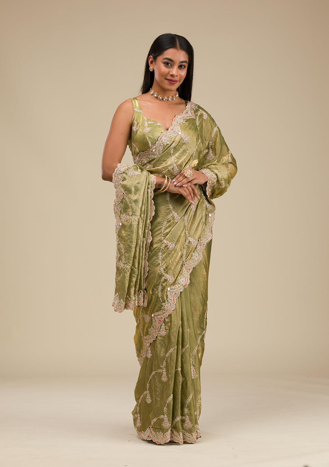 Pista Green Zariwork Tissue Saree
