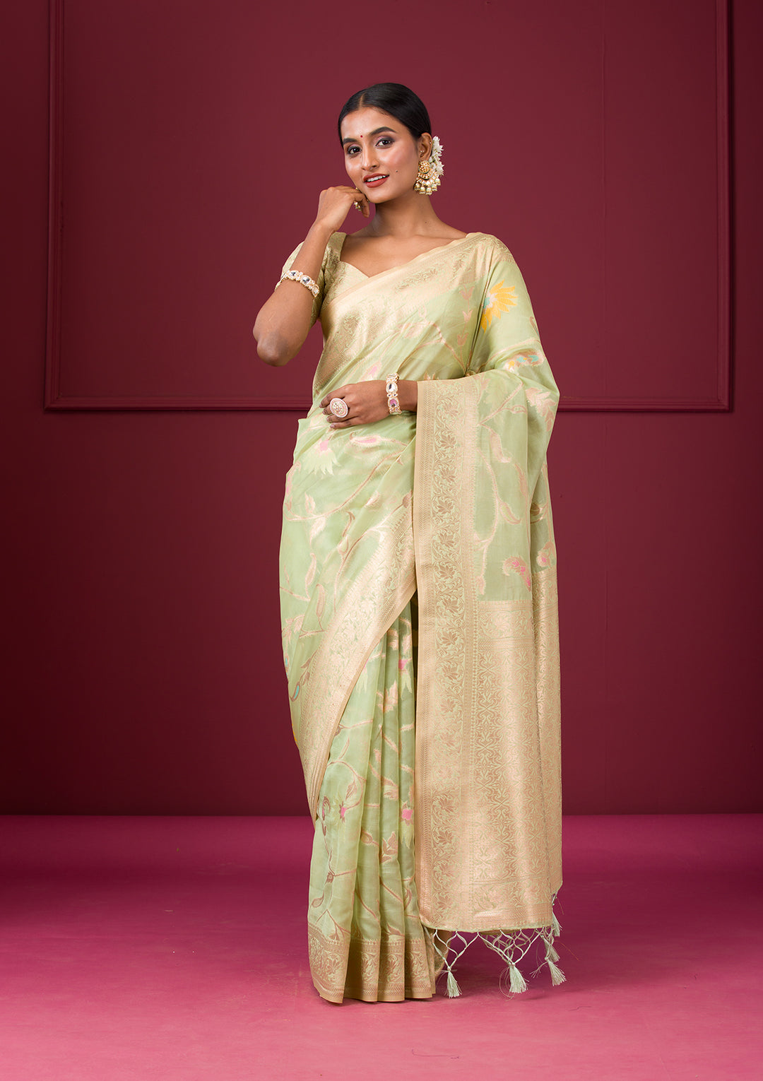 Pista Green Zariwork Tissue Saree