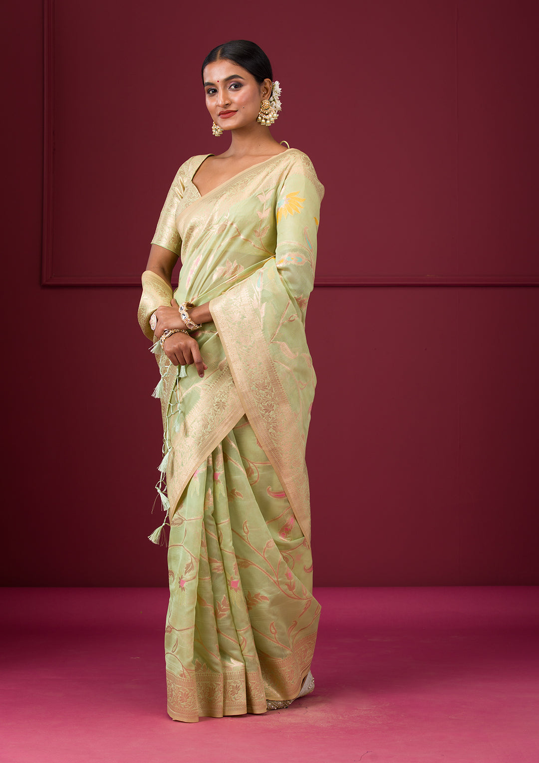 Pista Green Zariwork Tissue Saree