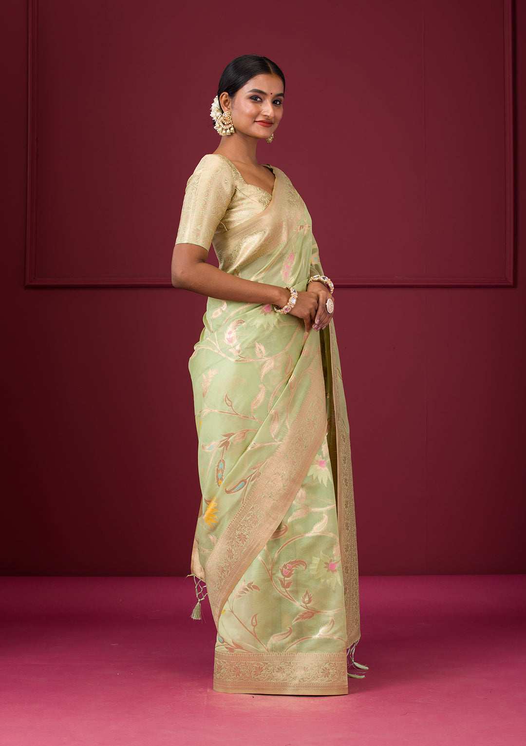 Pista Green Zariwork Tissue Saree