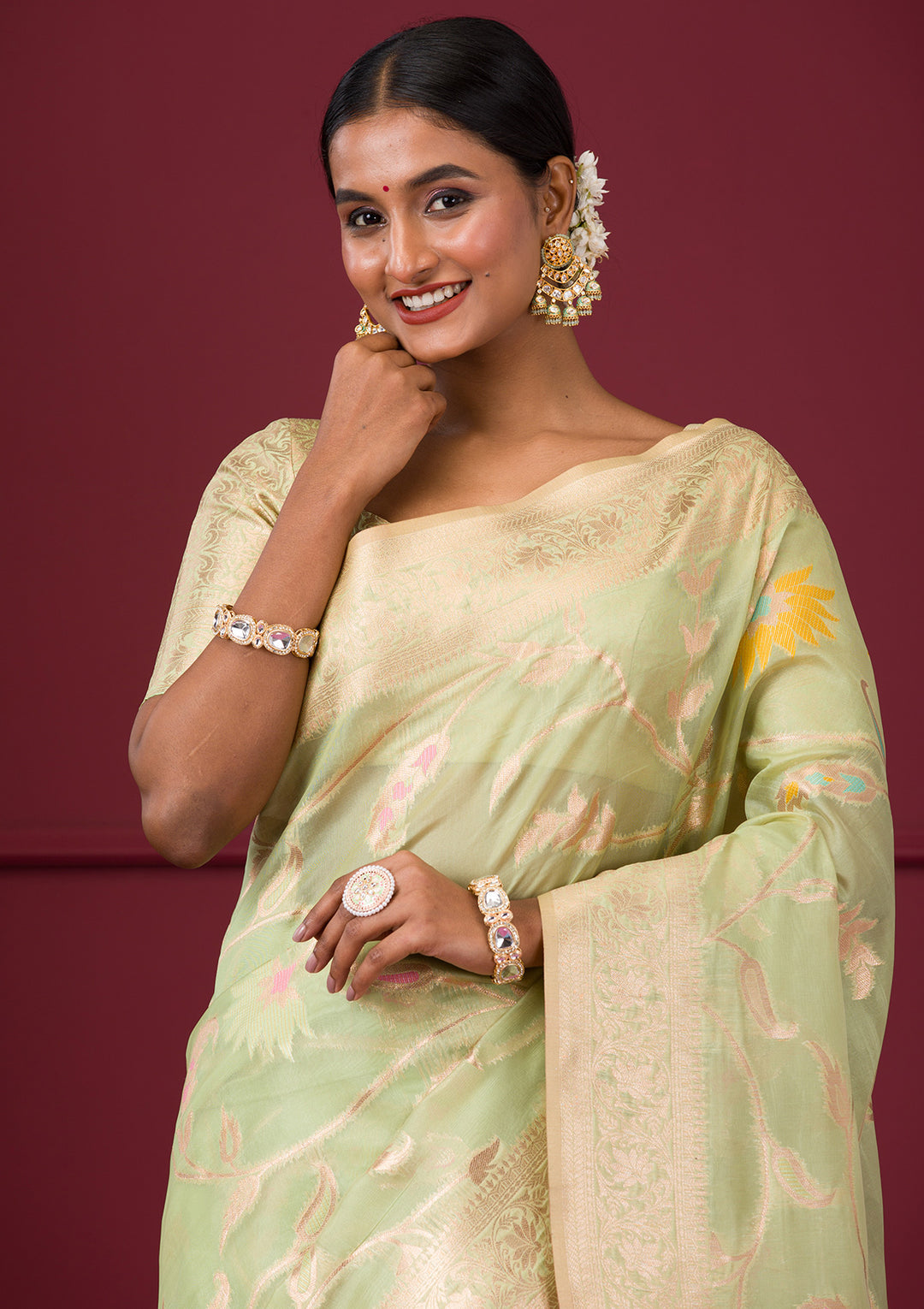 Pista Green Zariwork Tissue Saree