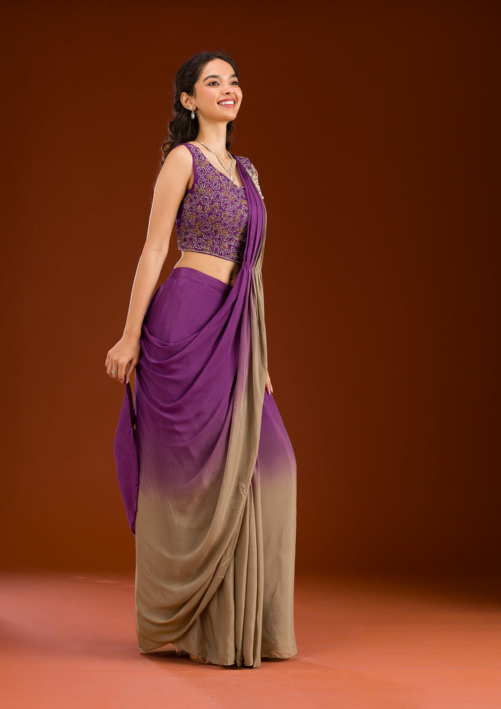 Purple Cutdana Georgette Readymade Saree