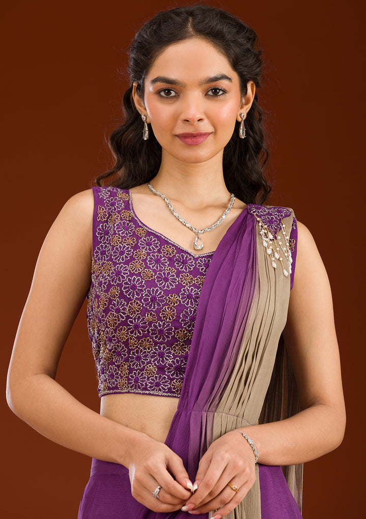 Purple Cutdana Georgette Readymade Saree