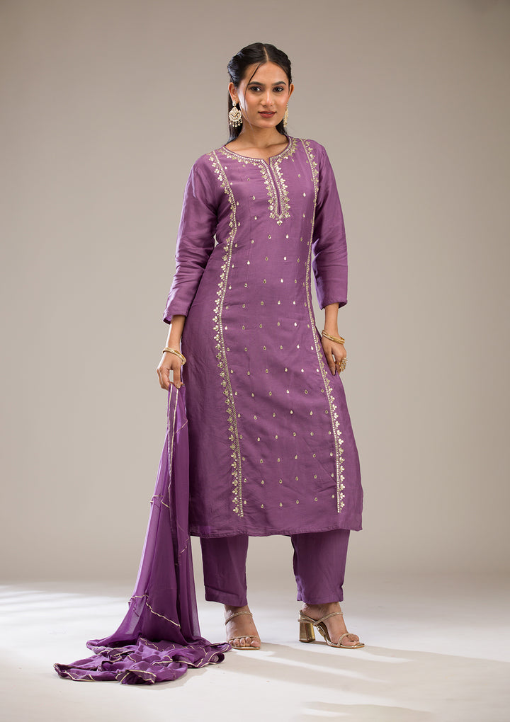 Purple Gotapatti Semi Crepe Readymade Salwar Suit