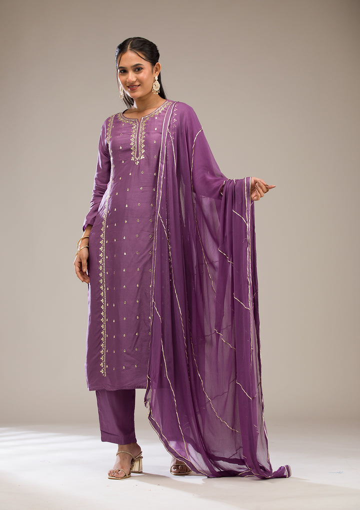 Purple Gotapatti Semi Crepe Readymade Salwar Suit