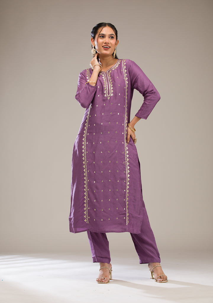 Purple Gotapatti Semi Crepe Readymade Salwar Suit