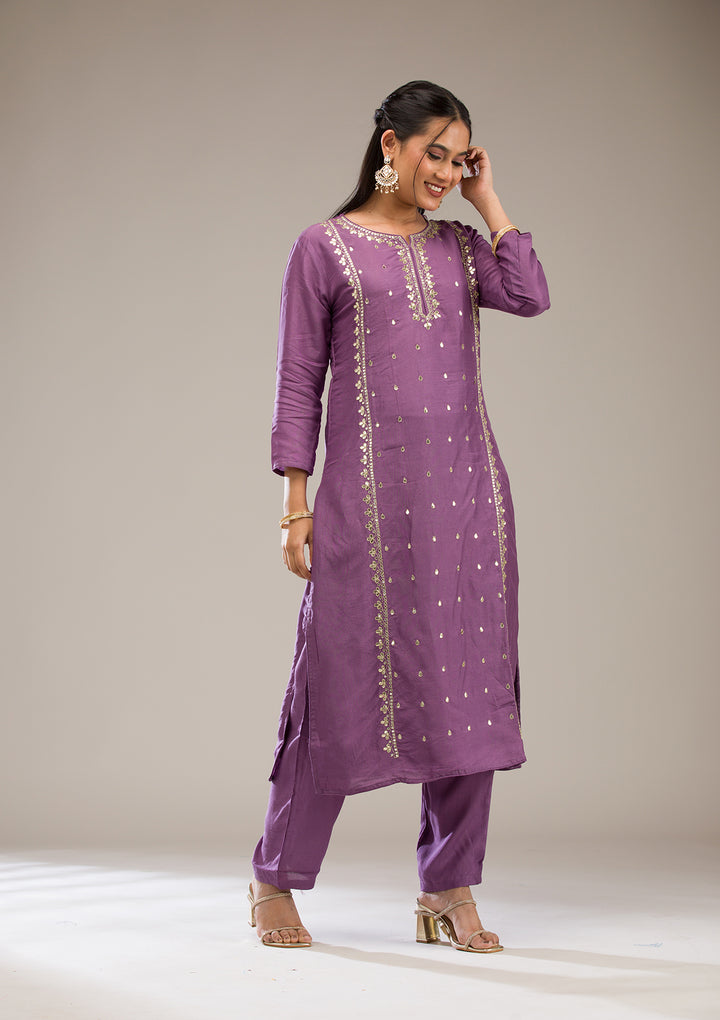 Purple Gotapatti Semi Crepe Readymade Salwar Suit