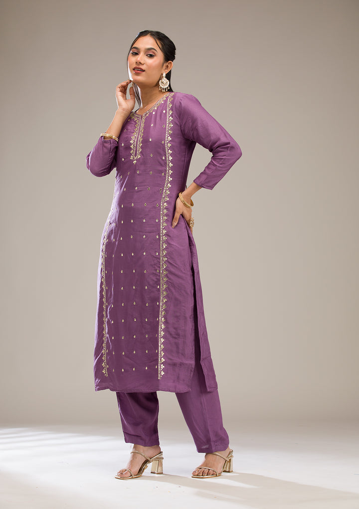 Purple Gotapatti Semi Crepe Readymade Salwar Suit