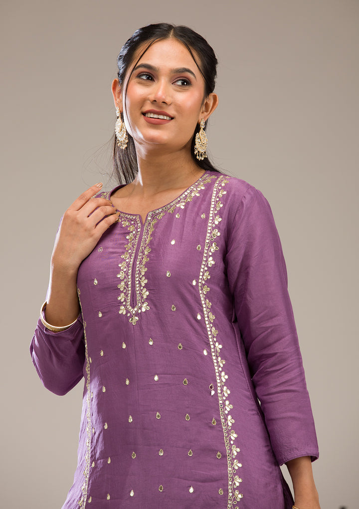 Purple Gotapatti Semi Crepe Readymade Salwar Suit