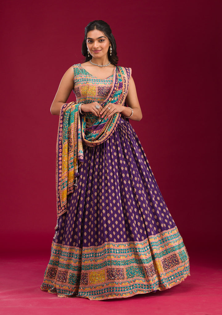 Purple Mirrorwork Georgette Readymade Lehenga