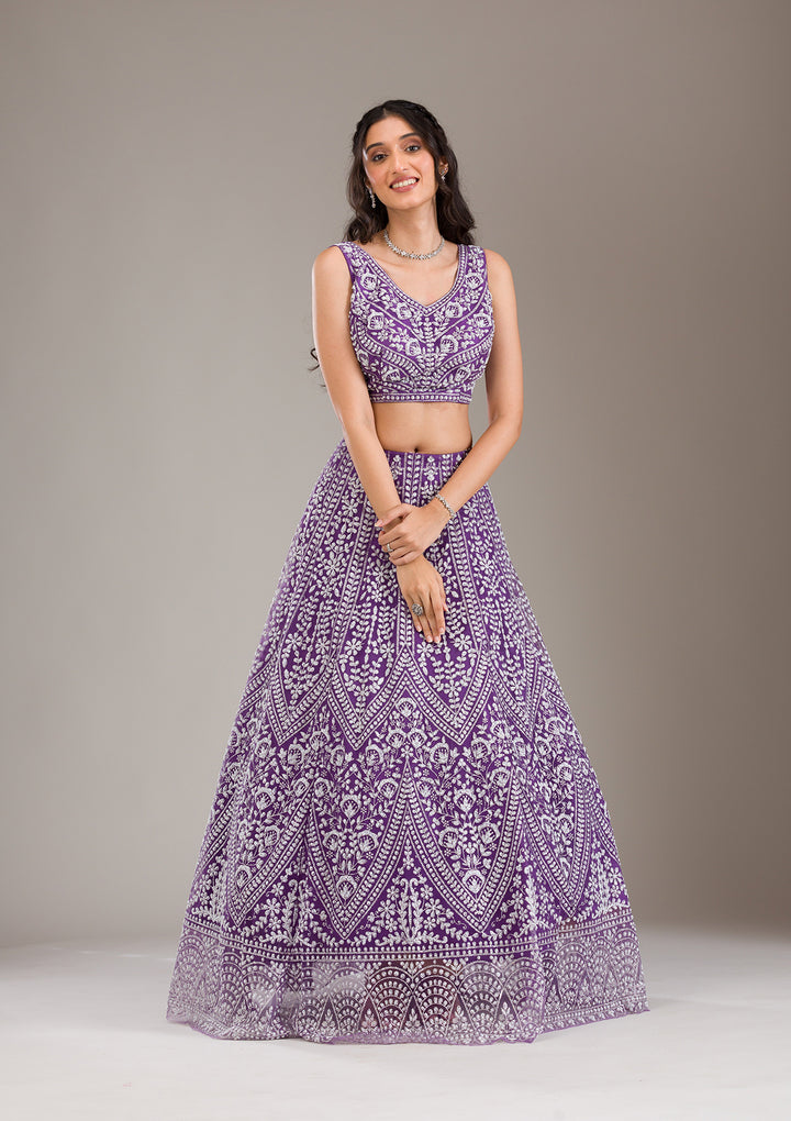Purple Pearlwork Net Readymade Lehenga