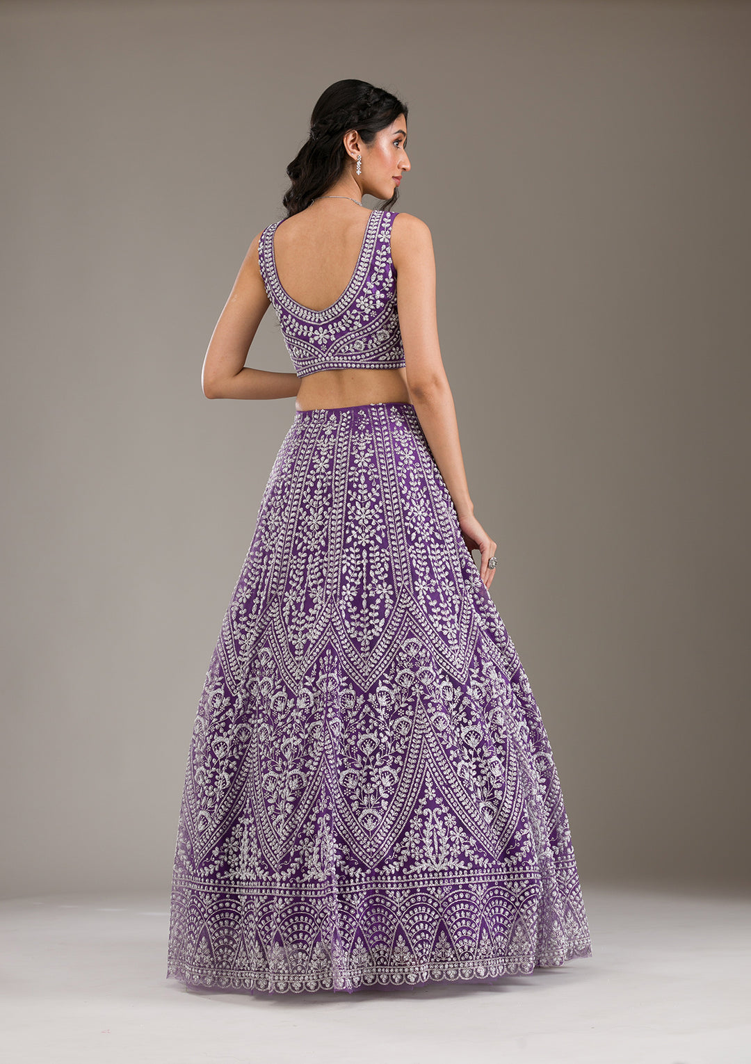 Purple Pearlwork Net Readymade Lehenga